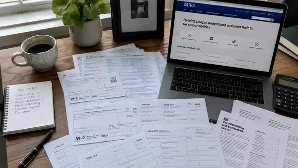 Tax documents and W-2 forms spread across a desk representing unfiled IRS returns with unclaimed refunds
