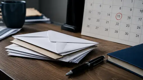Stack of unopened IRS notices on a desk next to a calendar