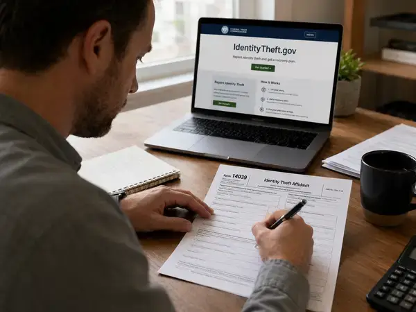 Taxpayer filling out IRS Form 14039 Identity Theft Affidavit after falling victim to a tax scam