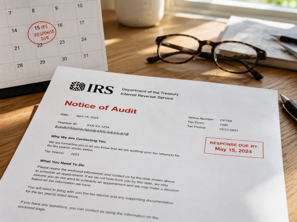 IRS audit notification letter on a desk with calendar showing response deadline