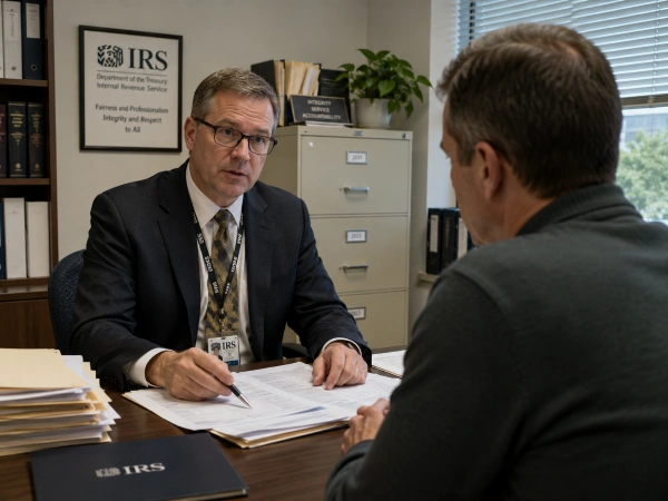 IRS auditor conducting an in-person tax audit interview with a taxpayer