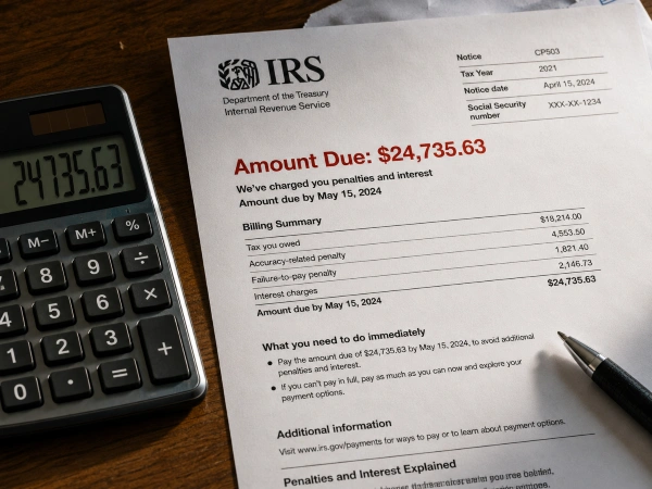 IRS tax bill showing penalties and interest owed after an audit