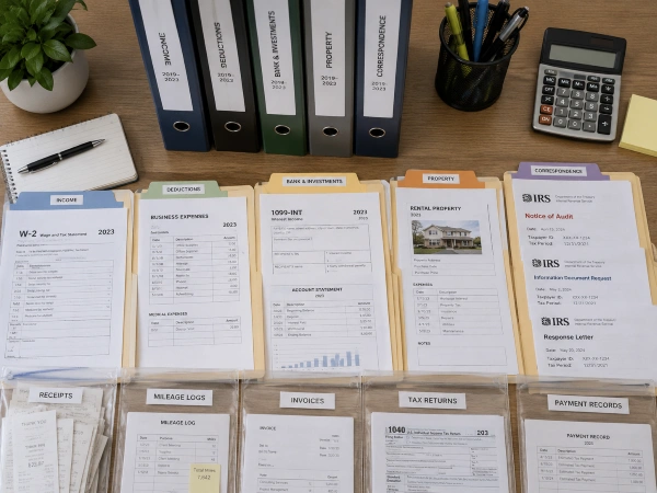 Organized tax records and receipts in labeled folders prepared for an IRS audit