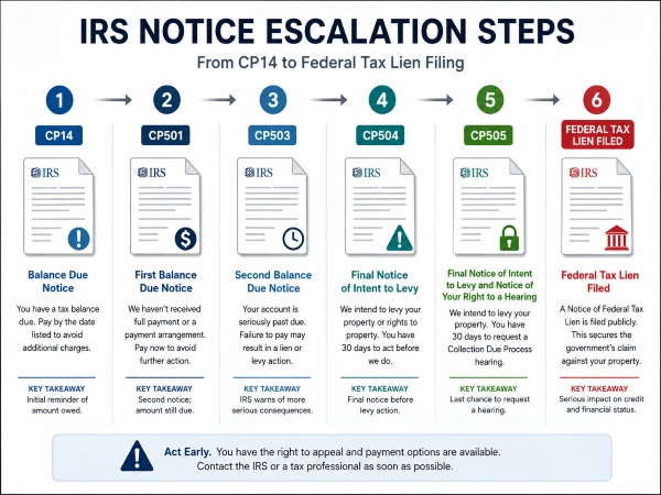 IRS notice sequence from CP14 to federal tax lien filing