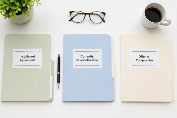 Three IRS tax debt relief program folders