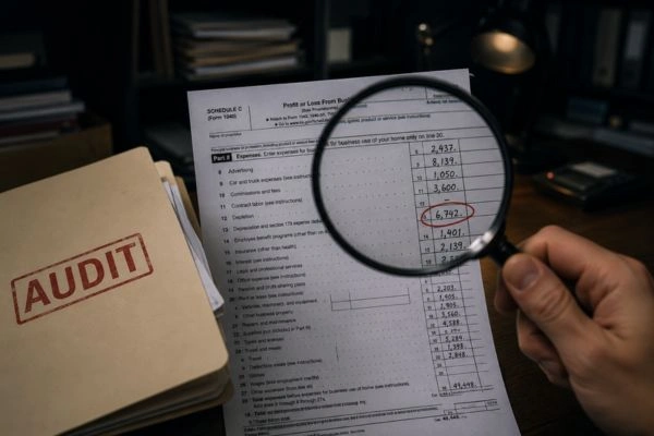 IRS audit magnifying glass on tax form