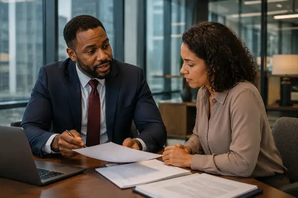 Tax lawyer reviewing documents with small business owner