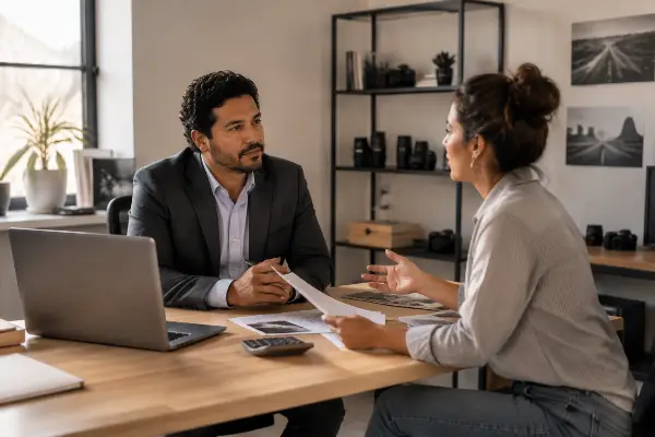 Tax lawyer reviewing expenses with photographer client
