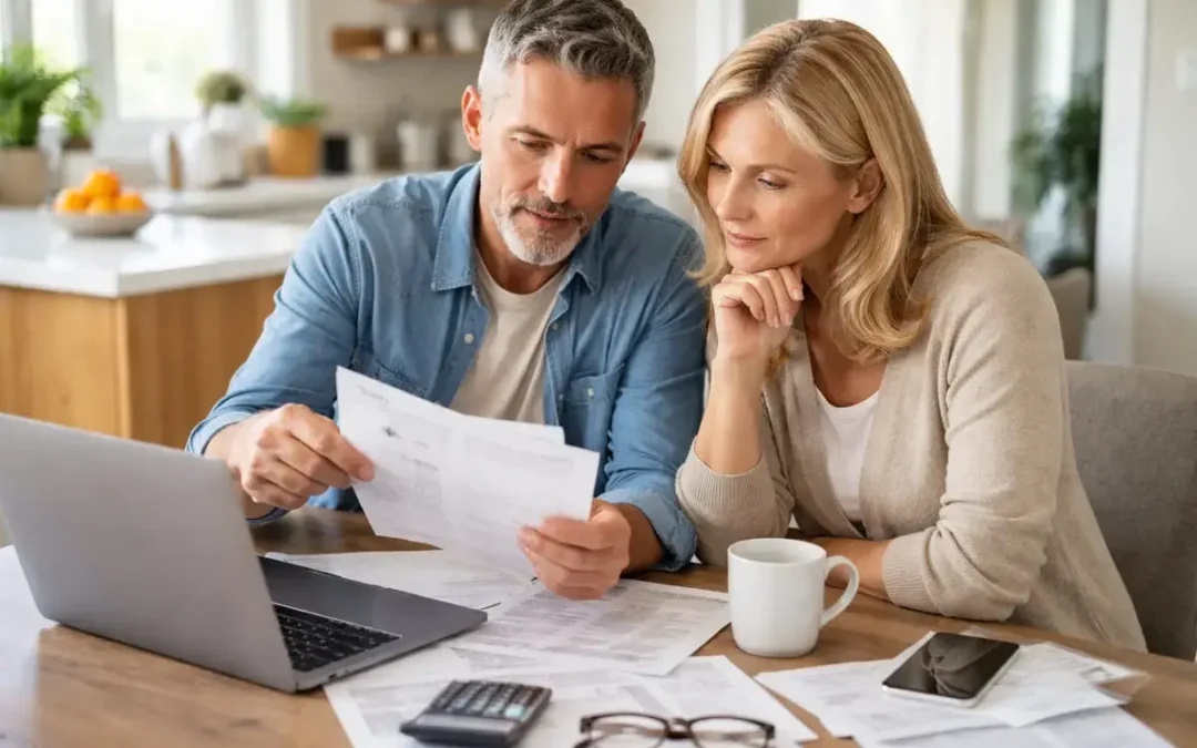 Couple reviewing tax documents at home to lower their taxes