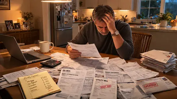 Taxpayer reviewing bills after IRS wage garnishment reduces paycheck
