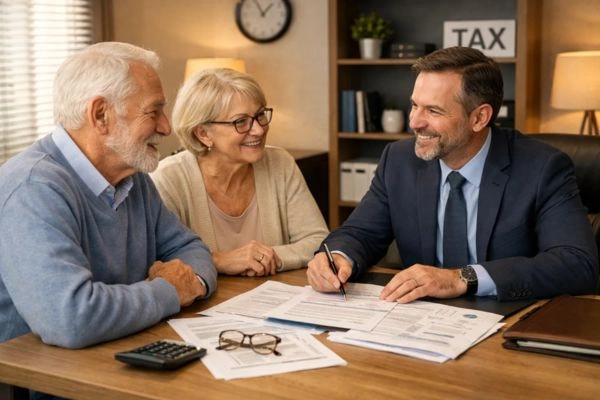 Married seniors consulting tax professional about filing requirements