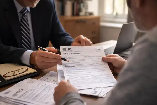 Tax attorney helping client review IRS wage levy documents