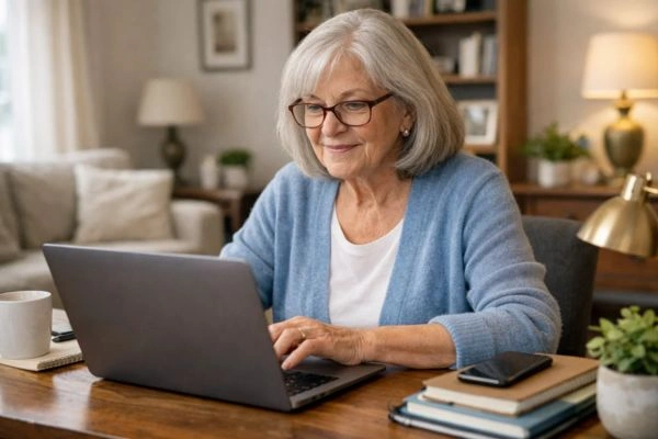 Senior woman filing tax return online using free filing resources