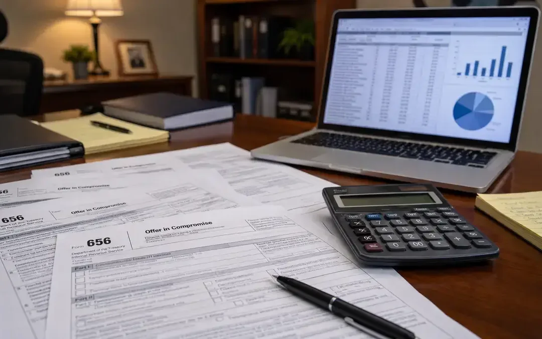 Tax professional reviewing offer in compromise IRS documents