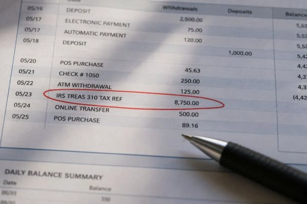 Bank statement showing IRS levy withdrawal highlighted