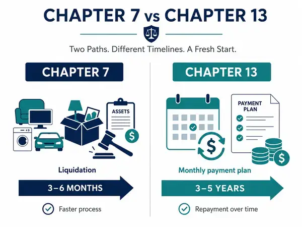 Chapter 7 versus Chapter 13 bankruptcy timeline and outcome comparison