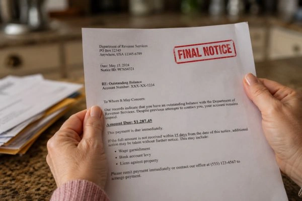 Hands holding IRS final notice letter
