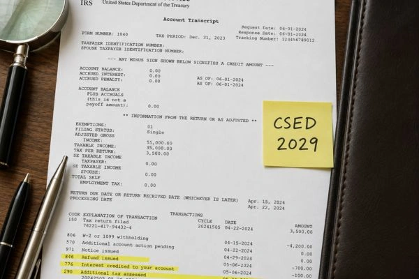 IRS account transcript showing tax debt assessment date and CSED entry