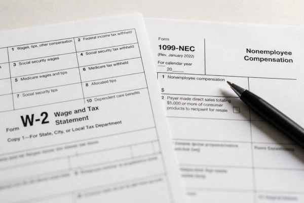 W-2 and 1099 tax forms close-up