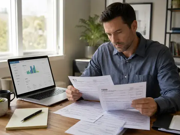 Taxpayer reviewing W-2 and 1099 forms early in 2026 filing season
