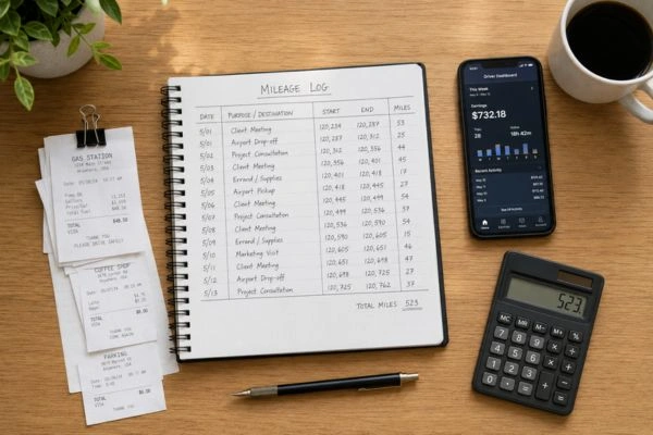 Self-employed tax documents and mileage log overhead