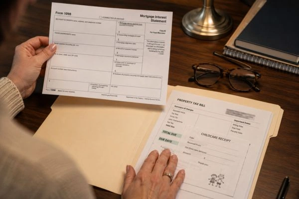 Hands reviewing mortgage and deduction tax forms