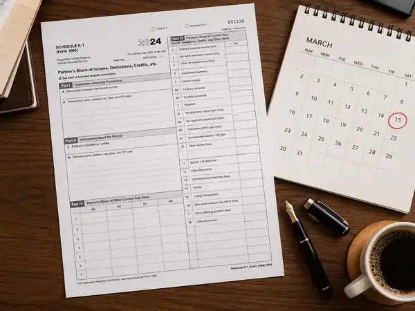 Schedule K-1 partnership tax form next to March 15 deadline calendar 