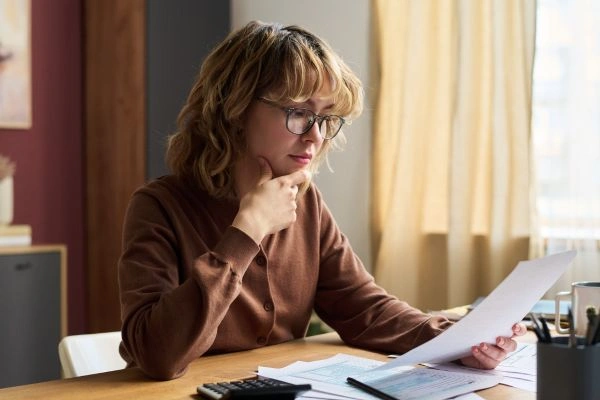 Woman looking through bank account statements