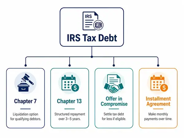 Decision tree of four IRS tax debt resolution options for 2026