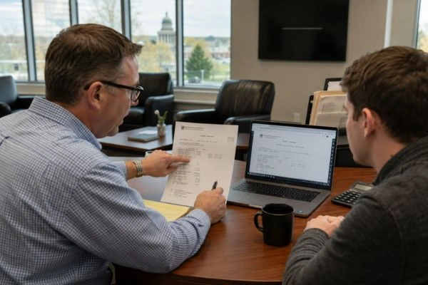 Tax professional reviewing IRS transcripts with client to confirm CSED date
