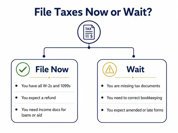 When to file taxes 2026 decision tree: file now versus wait scenario