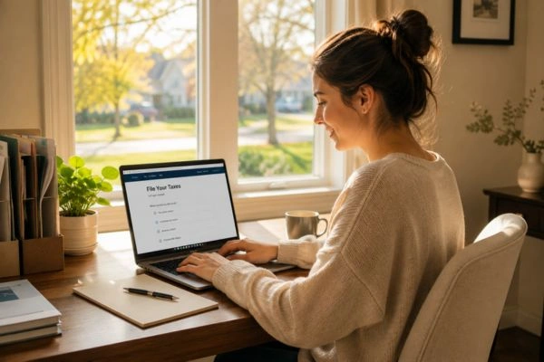 Woman filing taxes online after bankruptcy