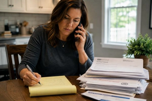 Woman calling IRS to dispute bank levy