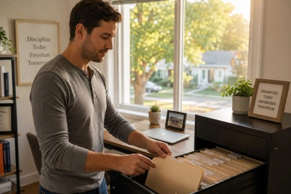 Man filing tax records into organized home cabinet
