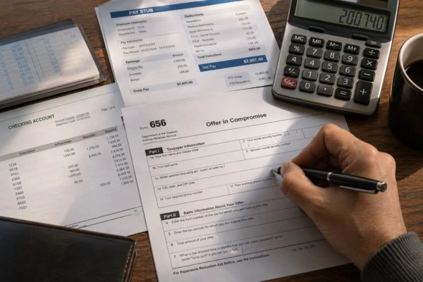 Offer in Compromise and financial documents for IRS tax debt resolution