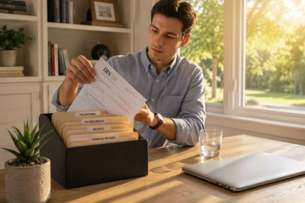 Man organizing tax files to prevent levy 