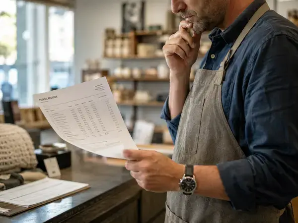 Small business owner reviewing payroll tax records at the front counter