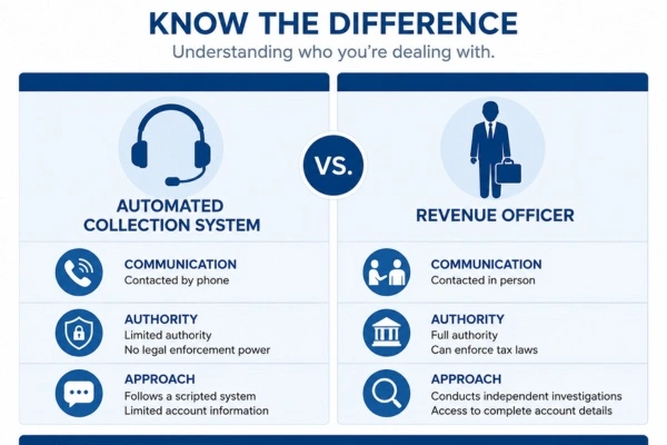 Comparison infographic of ACS agent versus IRS revenue officer authority
