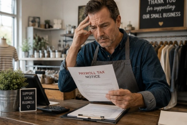 Small business owner reviewing payroll tax documents from IRS
