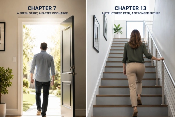 Visual comparison of Chapter 7 fast discharge versus Chapter 13 repayment plan