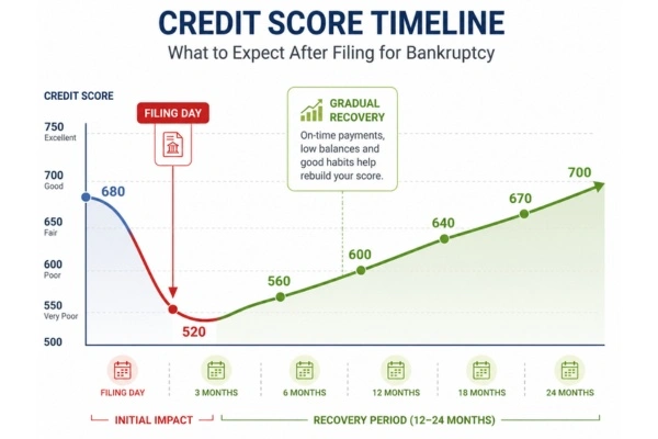 Credit score recovery timeline showing improvement within 12-24 months after Chapter 7