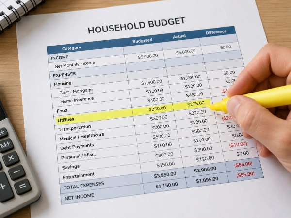 Household budget spreadsheet showing IRS allowable living expense categories