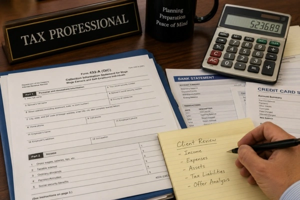 IRS collection information statement form with financial documents