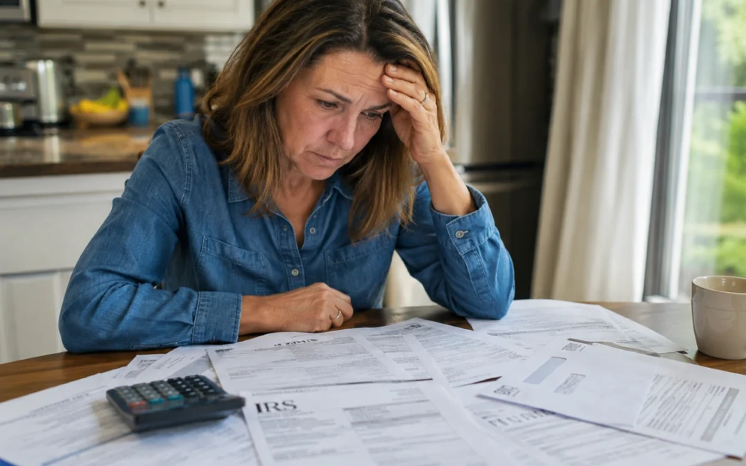Person reviewing IRS tax notices and bills at kitchen table