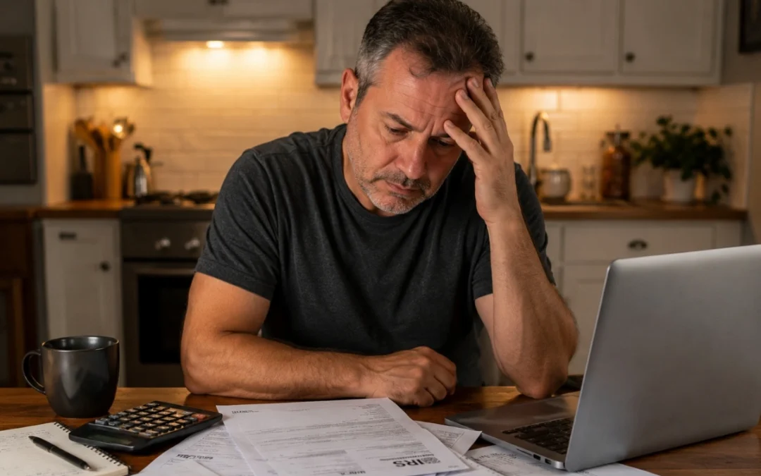 Person stressed over IRS tax debt notices at kitchen table