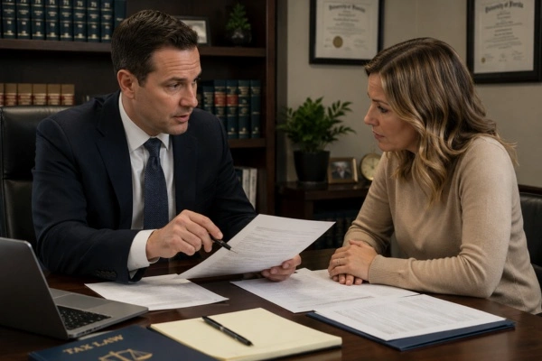 Tax attorney consulting client on IRS debt resolution options