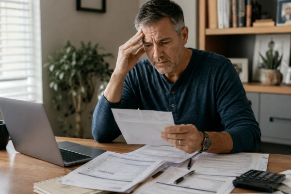 Taxpayer reviewing IRS revenue officer notice at home desk