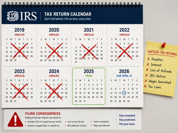 Multiple years of unfiled tax returns creating compounding IRS problems