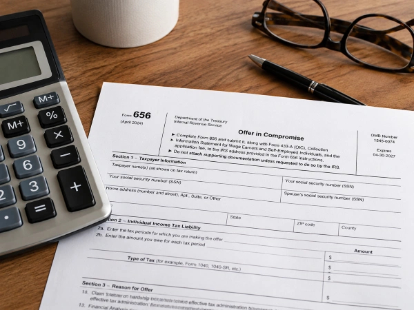 Close-up of an IRS Form 656 offer in compromise application and a calculator