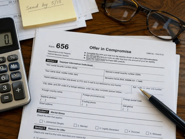 IRS Form 656 offer in compromise application with a calculator on a desk